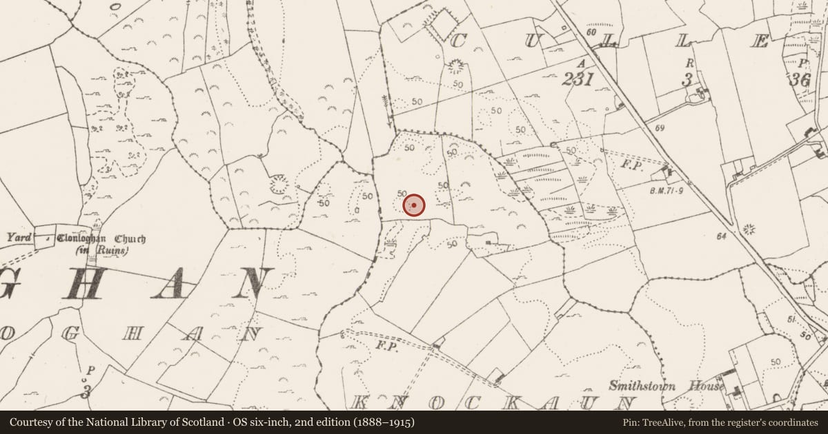Ordnance Survey six-inch map, 2nd edition (1888–1915) covering the location of Mound, Knockaun, County Clare, with a pin at the register's coordinates