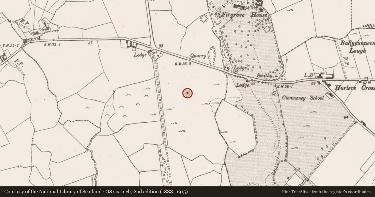 Ordnance Survey six-inch map, 2nd edition (1888–1915) covering the location of Field system, Ballycasey More, County Clare, with a pin at the register's coordinates