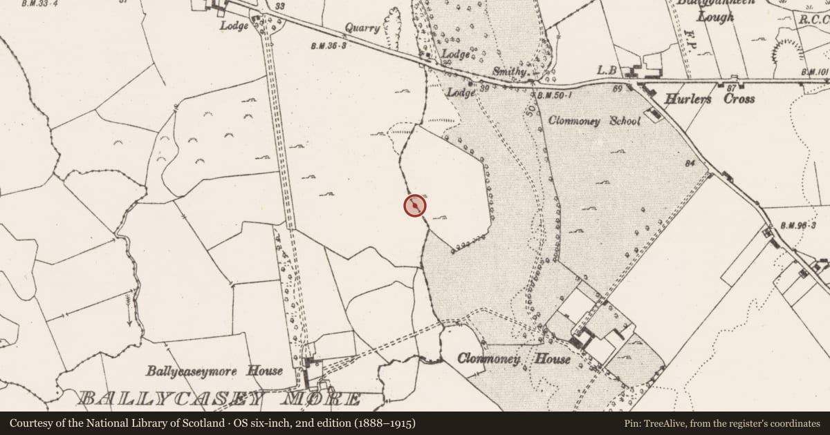 Ordnance Survey six-inch map, 2nd edition (1888–1915) covering the location of Burnt mound, Ballycasey More, County Clare, with a pin at the register's coordinates