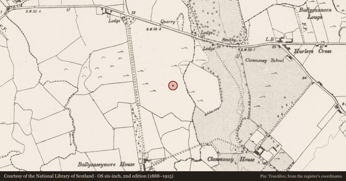 Ordnance Survey six-inch map, 2nd edition (1888–1915) covering the location of Habitation site, Ballycasey More, County Clare, with a pin at the register's coordinates
