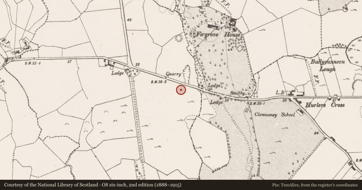Ordnance Survey six-inch map, 2nd edition (1888–1915) covering the location of Burial, Ballycasey More, County Clare, with a pin at the register's coordinates
