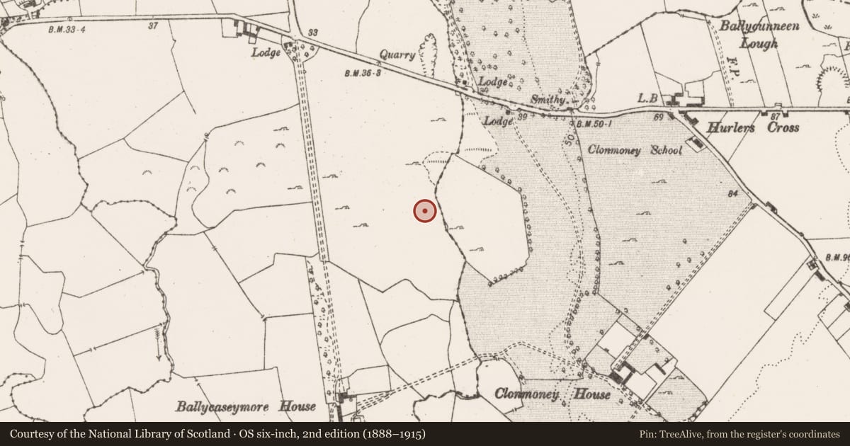 Ordnance Survey six-inch map, 2nd edition (1888–1915) covering the location of Pit-burial, Ballycasey More, County Clare, with a pin at the register's coordinates