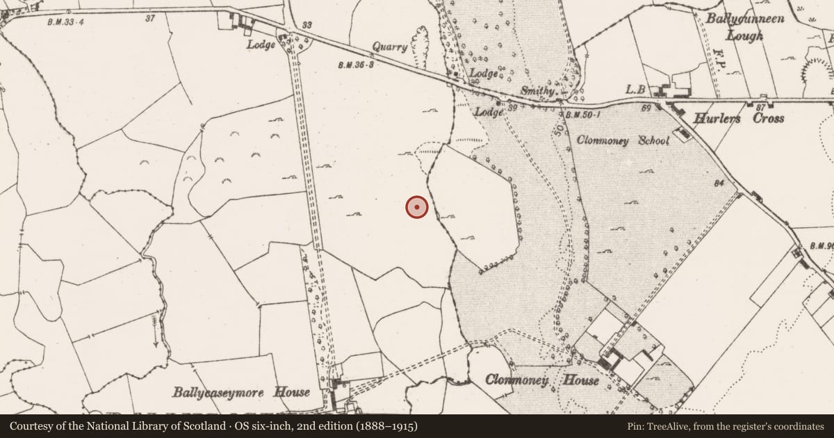 Ordnance Survey six-inch map, 2nd edition (1888–1915) covering the location of Pit-burial, Ballycasey More, County Clare, with a pin at the register's coordinates