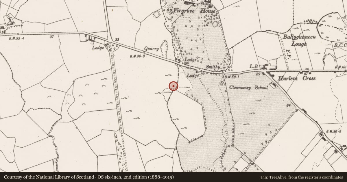 Ordnance Survey six-inch map, 2nd edition (1888–1915) covering the location of Fulacht fia, Ballycasey More, County Clare, with a pin at the register's coordinates