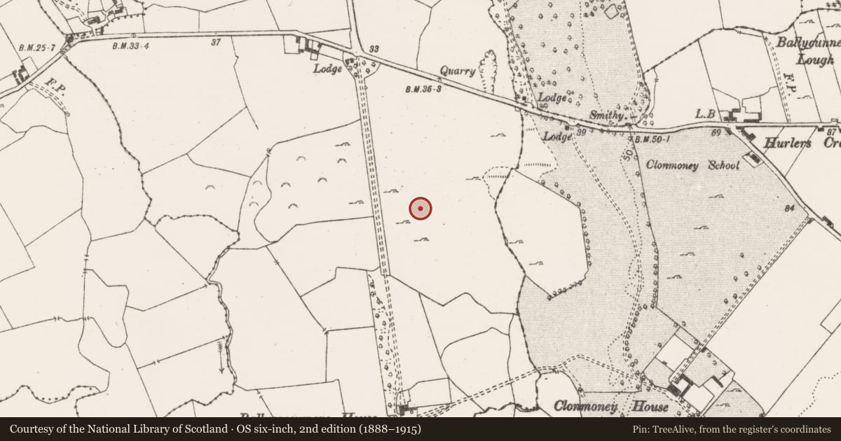 Ordnance Survey six-inch map, 2nd edition (1888–1915) covering the location of Metalworking site, Ballycasey More, County Clare, with a pin at the register's coordinates