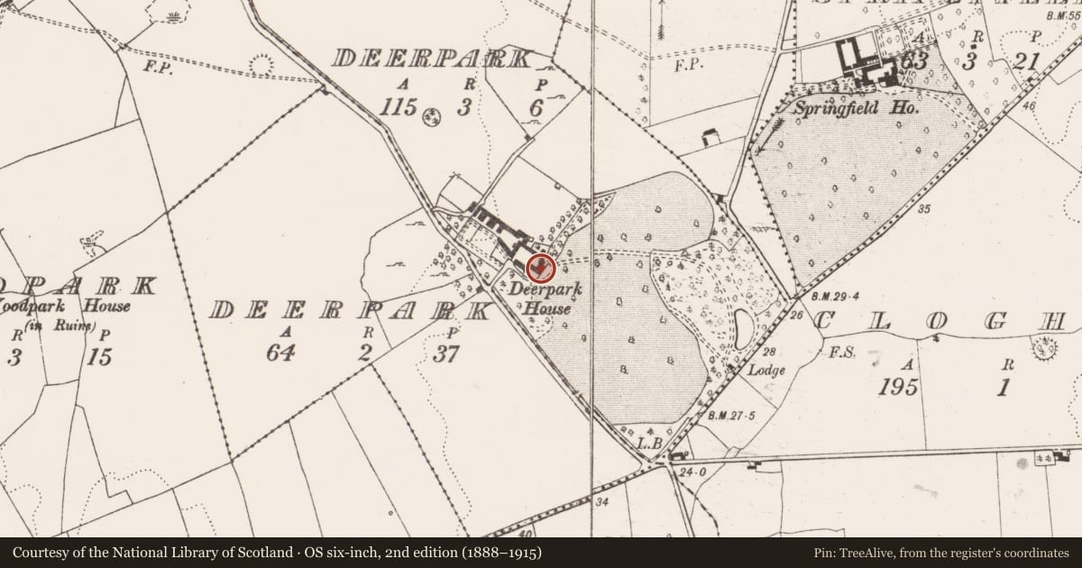 Ordnance Survey six-inch map, 2nd edition (1888–1915) covering the location of House - 16th/17th century, Deerpark, County Clare, with a pin at the register's coordinates