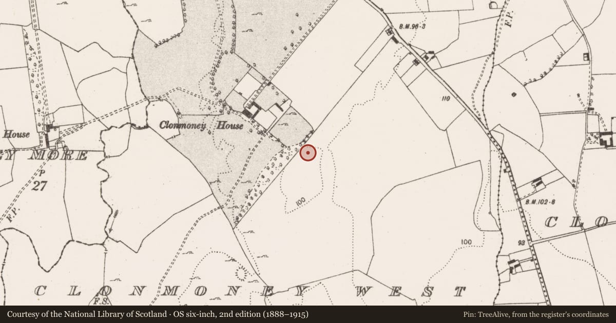 Ordnance Survey six-inch map, 2nd edition (1888–1915) covering the location of Enclosure, Clonmoney West, County Clare, with a pin at the register's coordinates