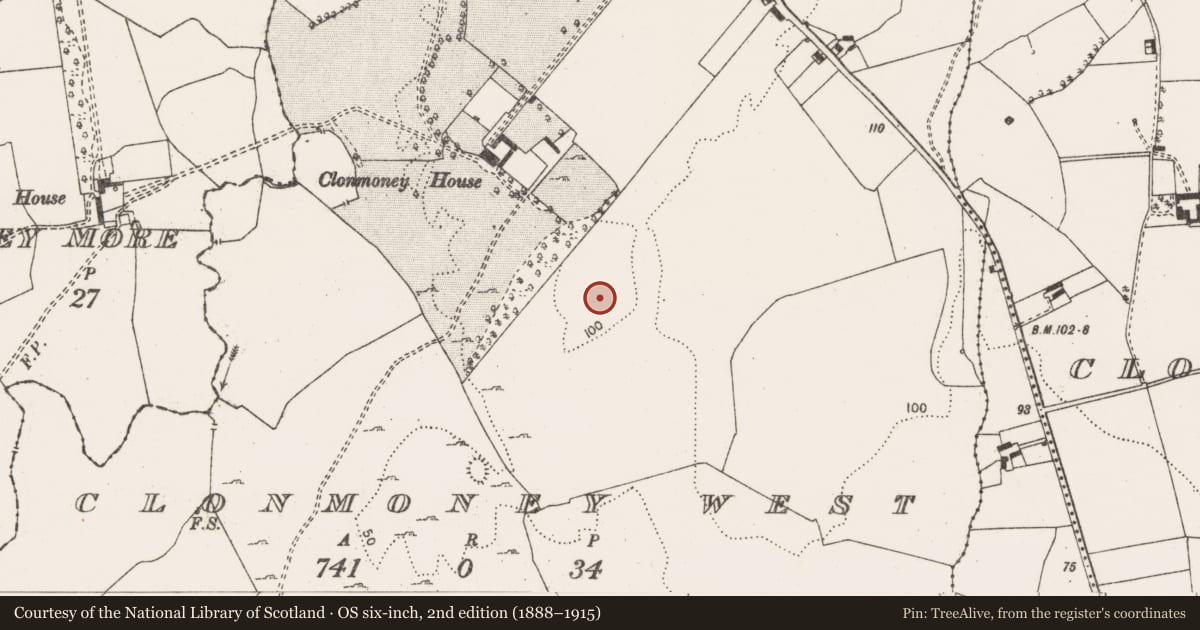 Ordnance Survey six-inch map, 2nd edition (1888–1915) covering the location of Habitation site, Clonmoney West, County Clare, with a pin at the register's coordinates
