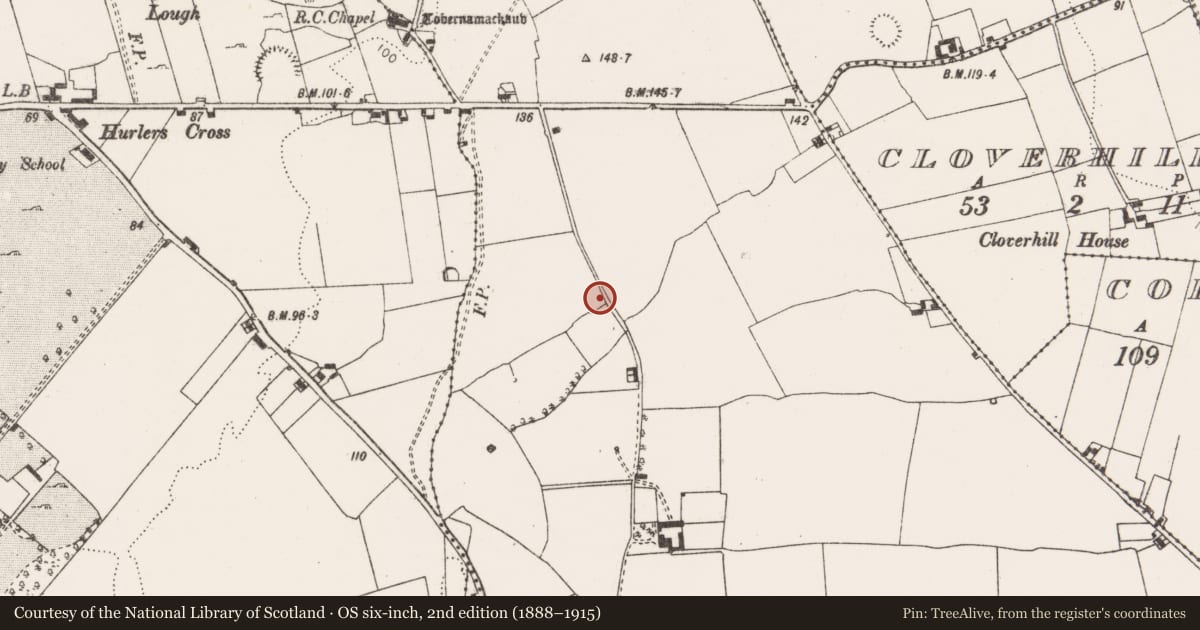 Ordnance Survey six-inch map, 2nd edition (1888–1915) covering the location of Fulacht fia, Clonmoney North, County Clare, with a pin at the register's coordinates
