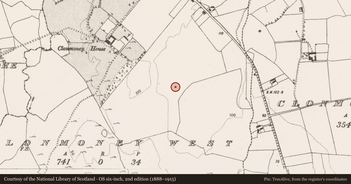 Ordnance Survey six-inch map, 2nd edition (1888–1915) covering the location of Field boundary, Clonmoney West, County Clare, with a pin at the register's coordinates