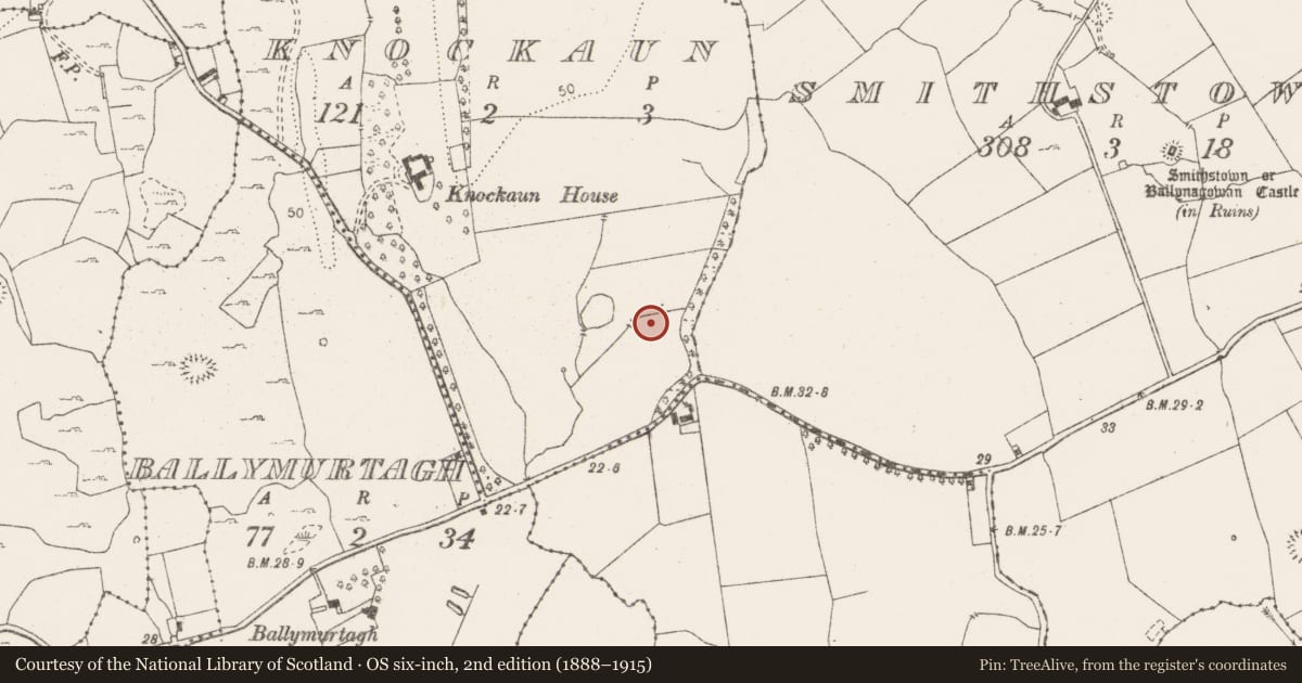 Ordnance Survey six-inch map, 2nd edition (1888–1915) covering the location of Burnt mound, Knockaun, County Clare, with a pin at the register's coordinates