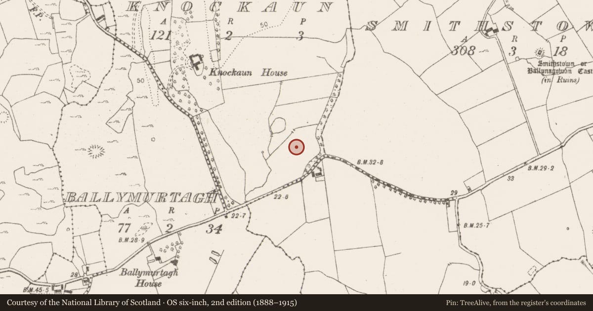 Ordnance Survey six-inch map, 2nd edition (1888–1915) covering the location of Fulacht fia, Knockaun, County Clare, with a pin at the register's coordinates