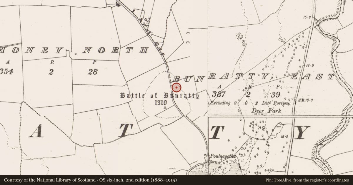 Ordnance Survey six-inch map, 2nd edition (1888–1915) covering the location of Enclosure, Bunratty East, County Clare, with a pin at the register's coordinates