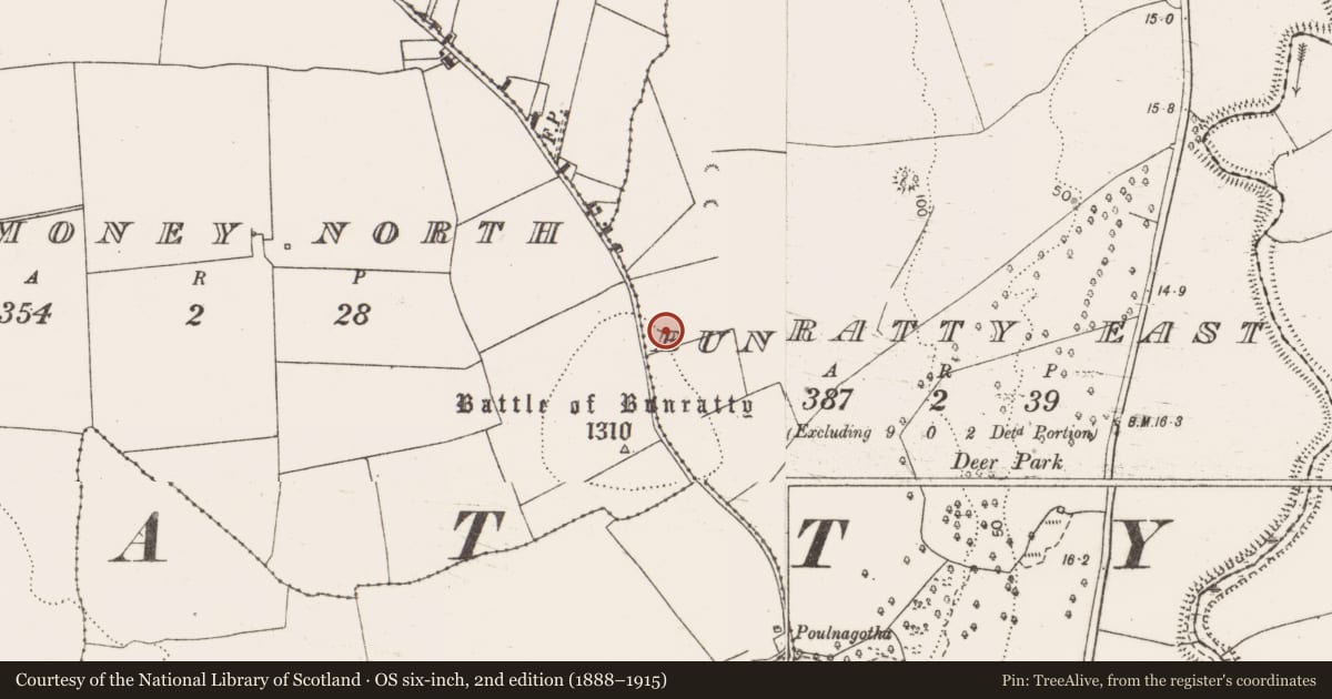 Ordnance Survey six-inch map, 2nd edition (1888–1915) covering the location of Mound, Bunratty East, County Clare, with a pin at the register's coordinates