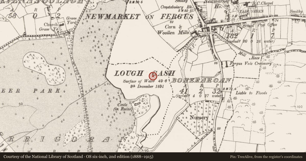 Ordnance Survey six-inch map, 2nd edition (1888–1915) covering the location of Crannog, Carrigoran, County Clare, with a pin at the register's coordinates