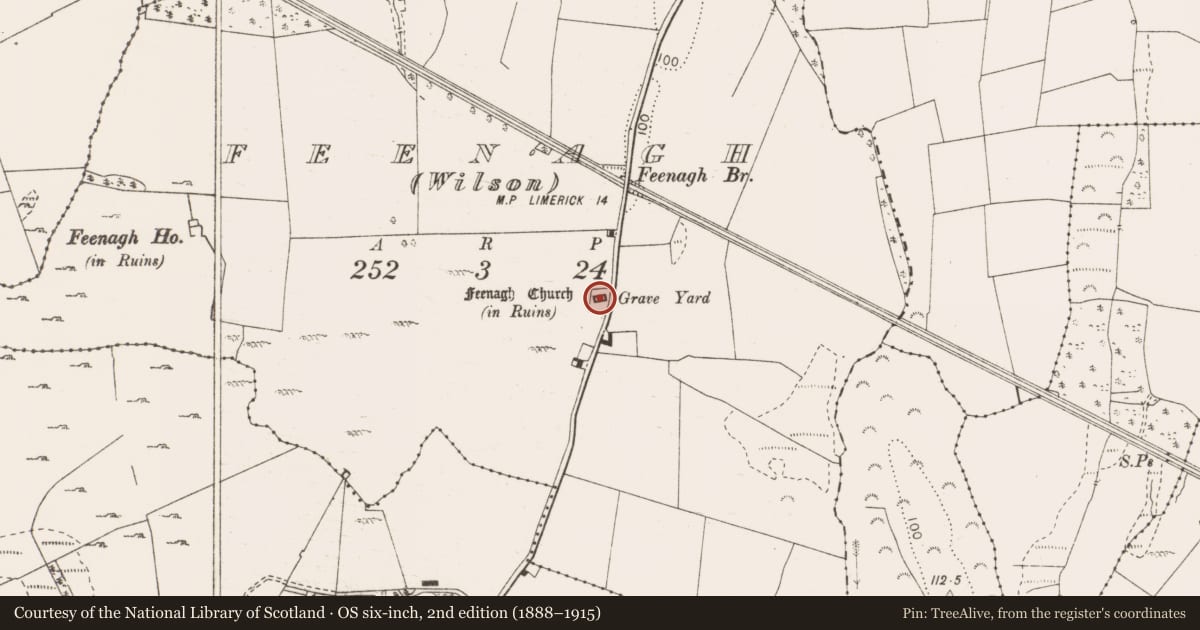Ordnance Survey six-inch map, 2nd edition (1888–1915) covering the location of Church, Feenagh, County Clare, with a pin at the register's coordinates