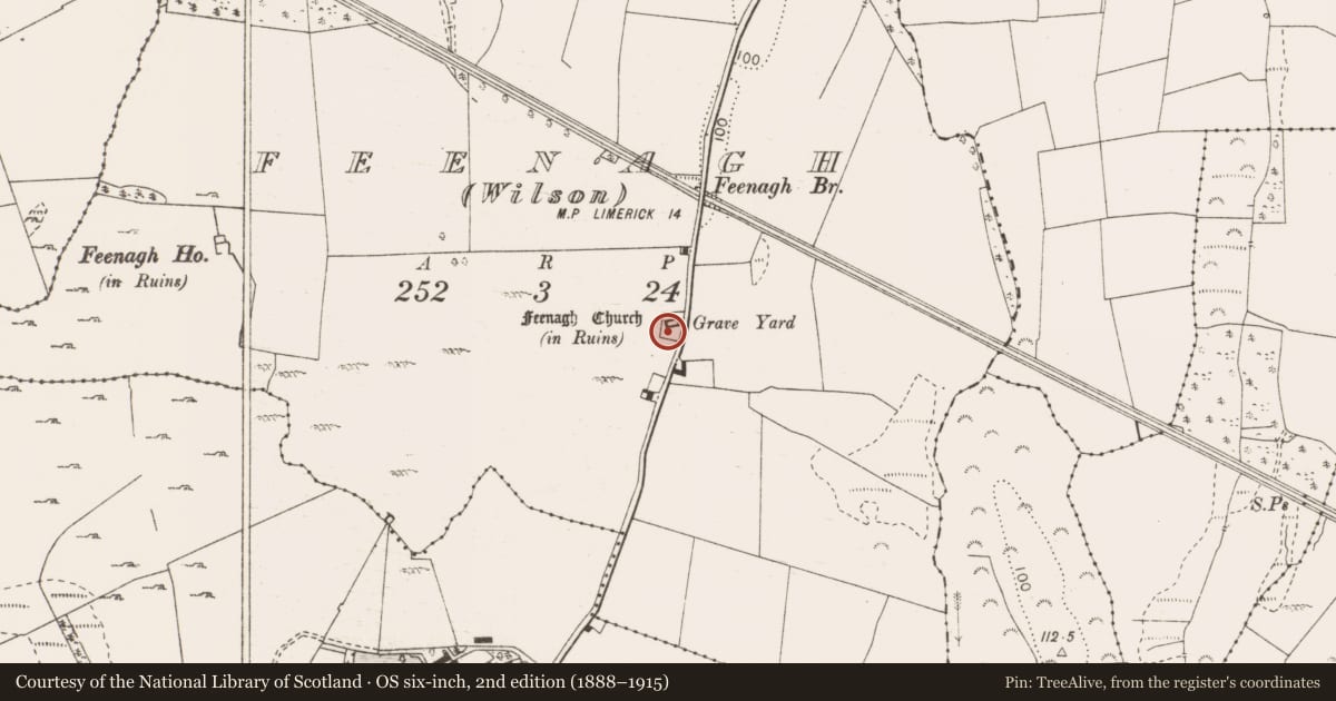 Ordnance Survey six-inch map, 2nd edition (1888–1915) covering the location of Graveyard, Feenagh, County Clare, with a pin at the register's coordinates