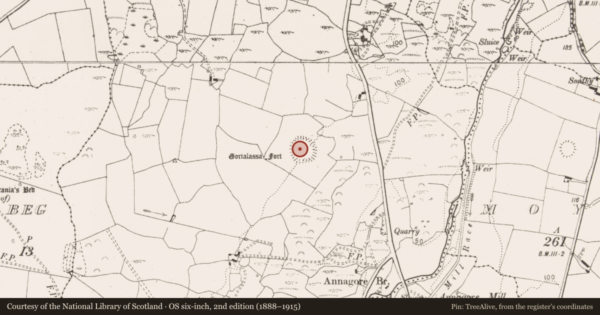 Ordnance Survey six-inch map, 2nd edition (1888–1915) covering the location of Hilltop enclosure, Ballysheen More, County Clare, with a pin at the register's coordinates
