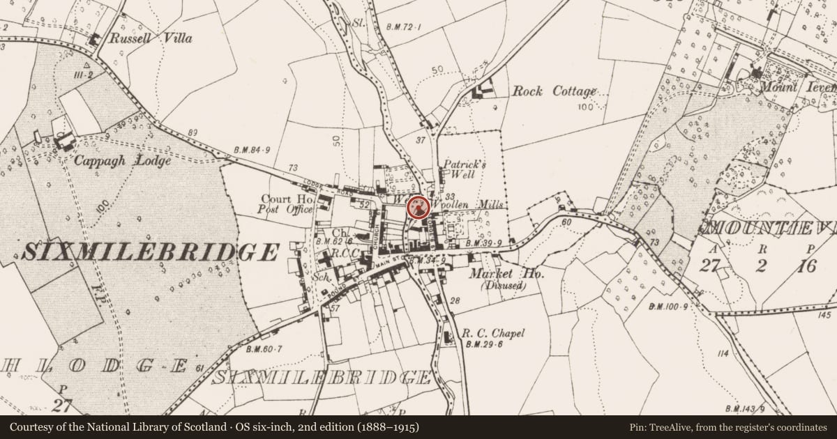 Ordnance Survey six-inch map, 2nd edition (1888–1915) covering the location of Historic town, County Clare, with a pin at the register's coordinates