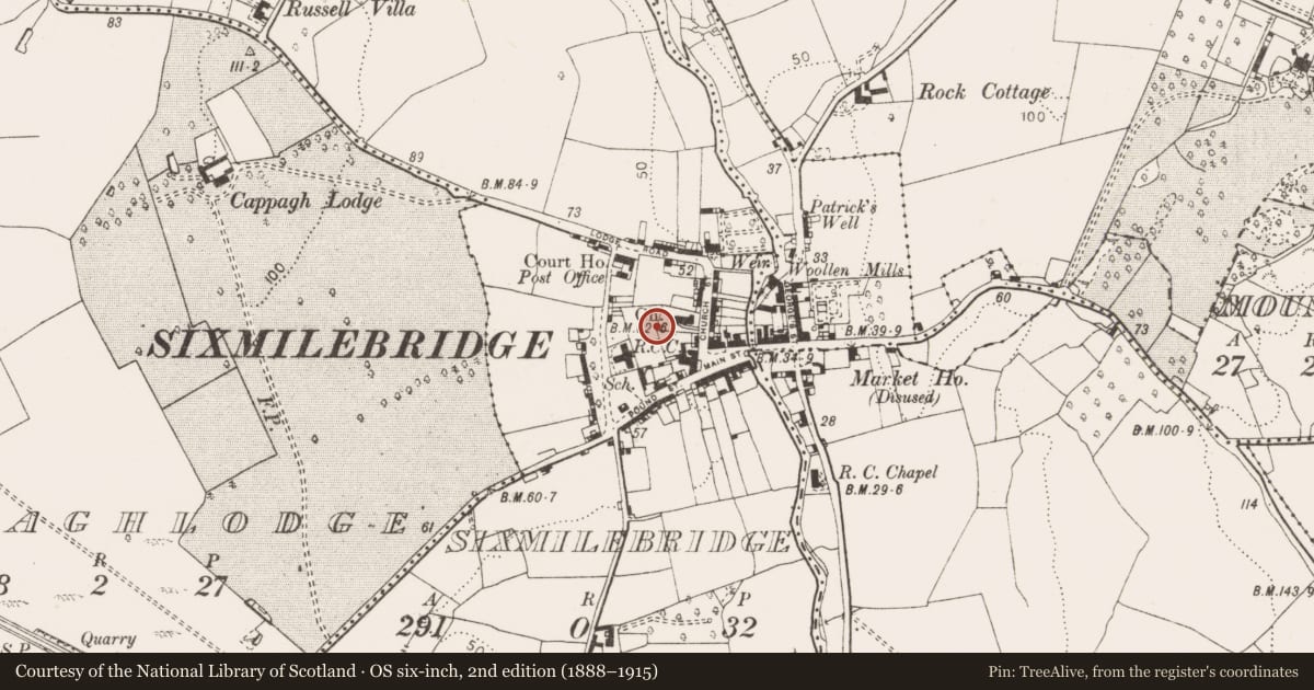 Ordnance Survey six-inch map, 2nd edition (1888–1915) covering the location of Graveyard, Six-Mile-Bridge, County Clare, with a pin at the register's coordinates