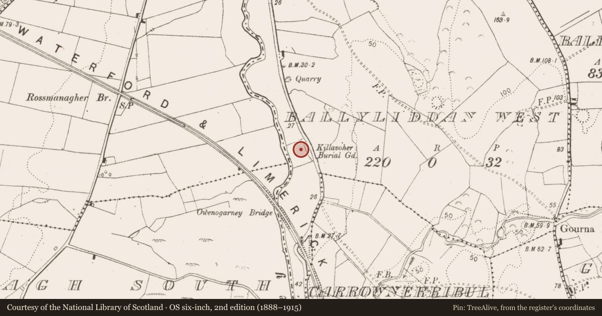 Ordnance Survey six-inch map, 2nd edition (1888–1915) covering the location of Burial ground, Ballyliddan West, County Clare, with a pin at the register's coordinates