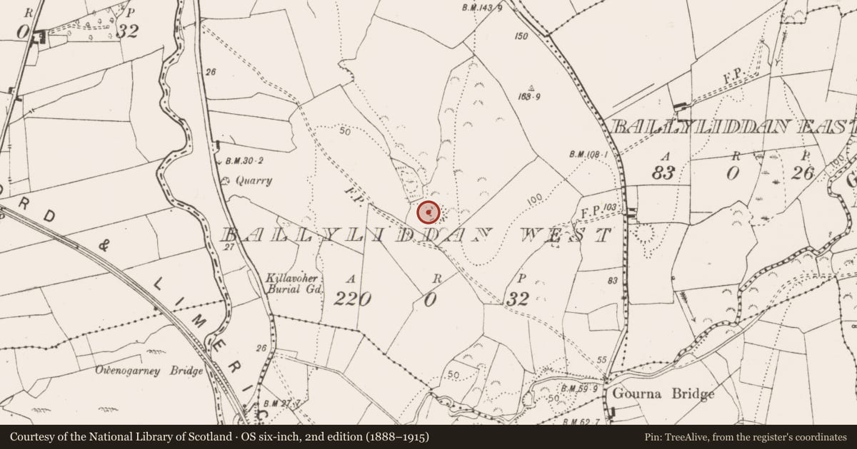 Ordnance Survey six-inch map, 2nd edition (1888–1915) covering the location of Enclosure, Ballyliddan West, County Clare, with a pin at the register's coordinates