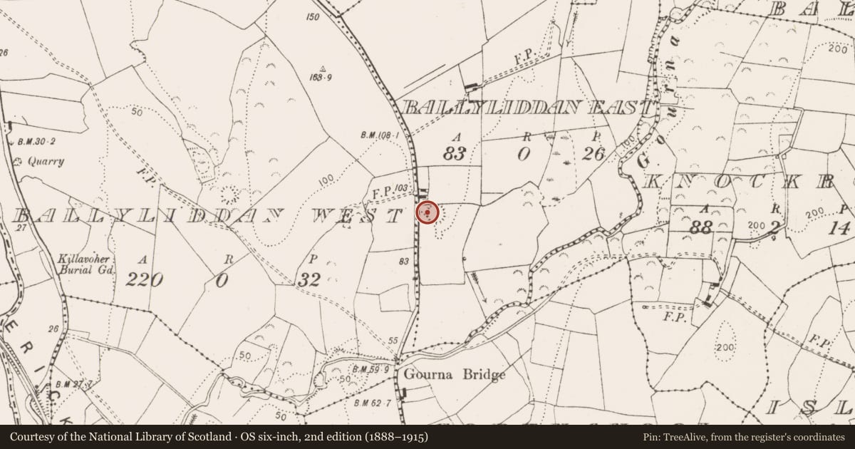 Ordnance Survey six-inch map, 2nd edition (1888–1915) covering the location of Enclosure, Ballyliddan East, County Clare, with a pin at the register's coordinates