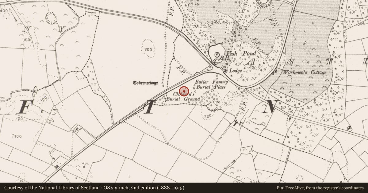 Ordnance Survey six-inch map, 2nd edition (1888–1915) covering the location of Children's burial ground, Castlecrine, County Clare, with a pin at the register's coordinates