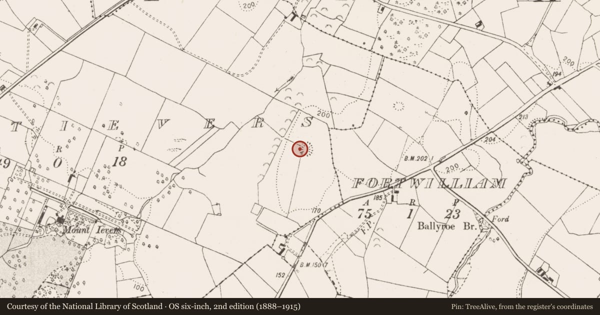 Ordnance Survey six-inch map, 2nd edition (1888–1915) covering the location of Ringfort - unclassified, Mountievers, County Clare, with a pin at the register's coordinates