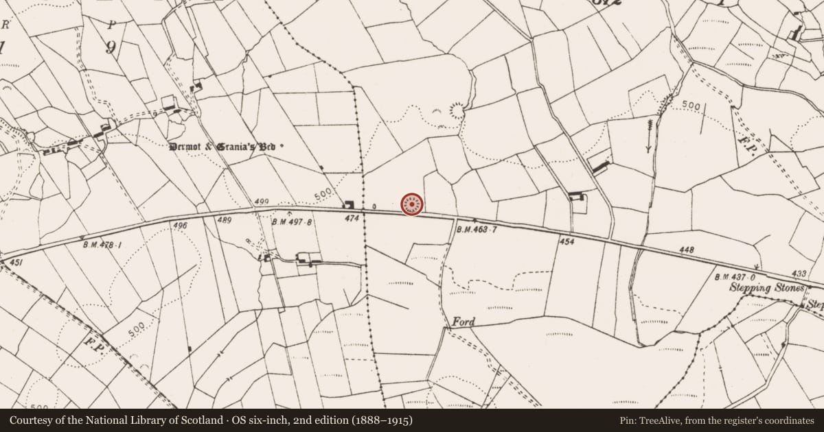 Ordnance Survey six-inch map, 2nd edition (1888–1915) covering the location of Enclosure, Oatfield, County Clare, with a pin at the register's coordinates