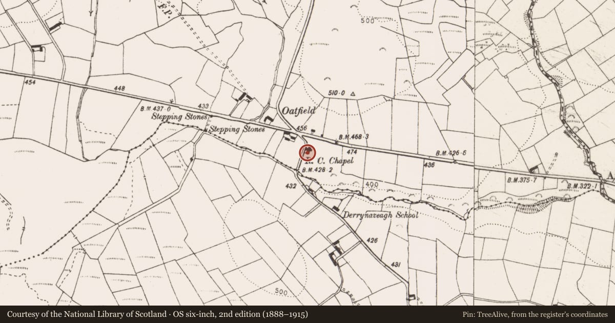 Ordnance Survey six-inch map, 2nd edition (1888–1915) covering the location of Church, Oatfield, County Clare, with a pin at the register's coordinates