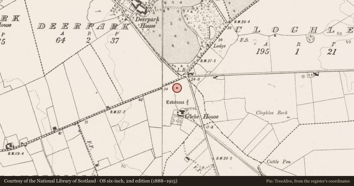 Ordnance Survey six-inch map, 2nd edition (1888–1915) covering the location of Enclosure, Corlack, County Clare, with a pin at the register's coordinates