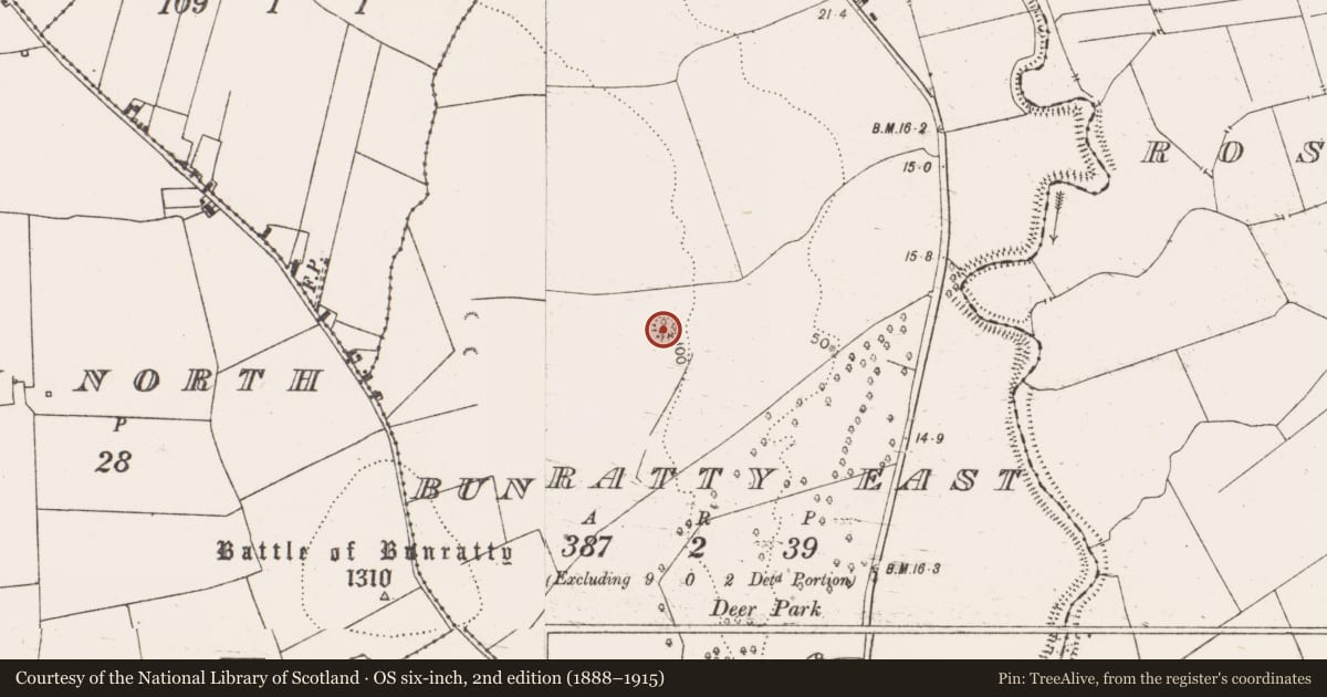 Ordnance Survey six-inch map, 2nd edition (1888–1915) covering the location of Ringfort - cashel, Bunratty East, County Clare, with a pin at the register's coordinates
