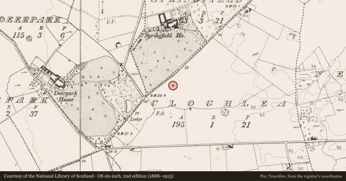Ordnance Survey six-inch map, 2nd edition (1888–1915) covering the location of Enclosure, Cloghlea, County Clare, with a pin at the register's coordinates