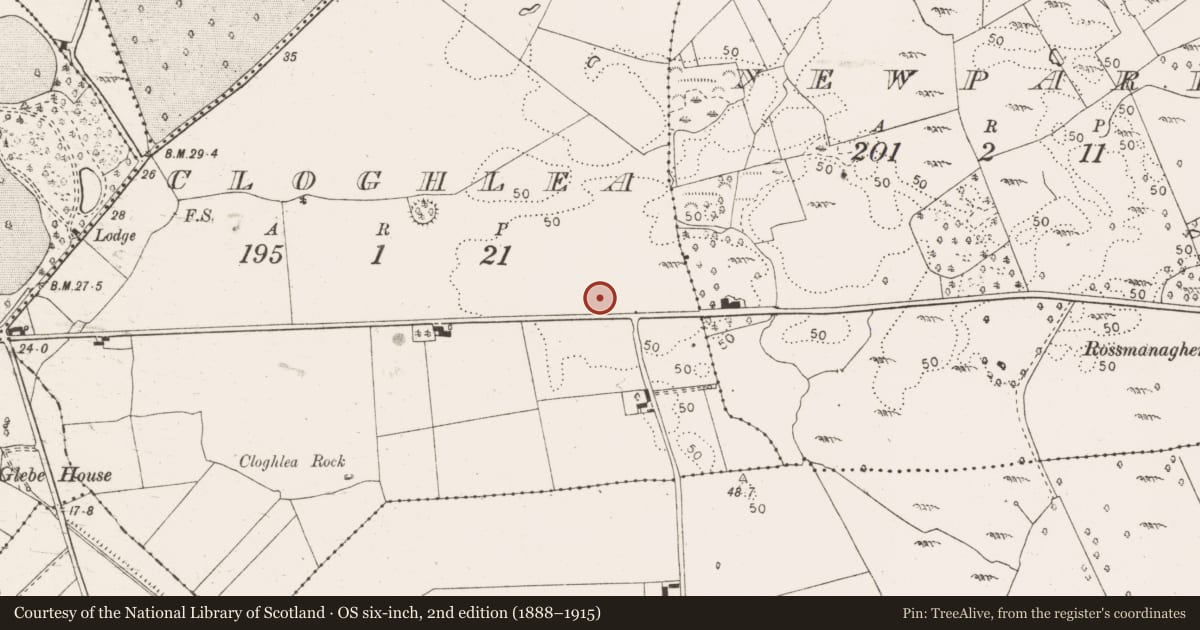 Ordnance Survey six-inch map, 2nd edition (1888–1915) covering the location of Enclosure, Cloghlea, County Clare, with a pin at the register's coordinates