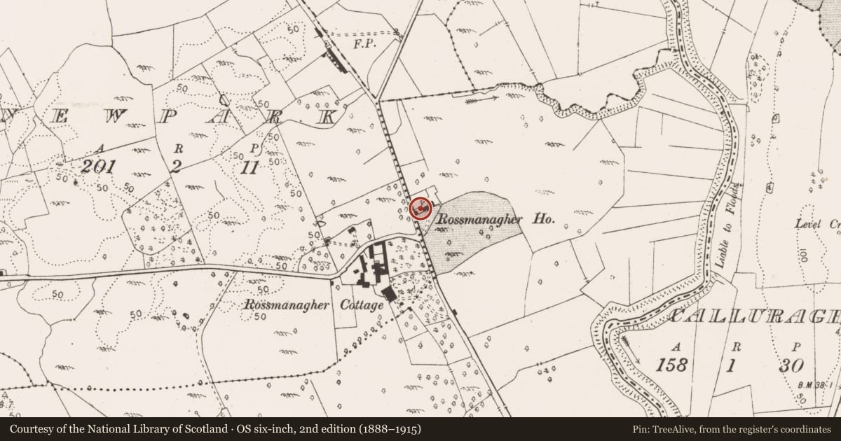 Ordnance Survey six-inch map, 2nd edition (1888–1915) covering the location of House - 16th/17th century, Rossmanagher, County Clare, with a pin at the register's coordinates