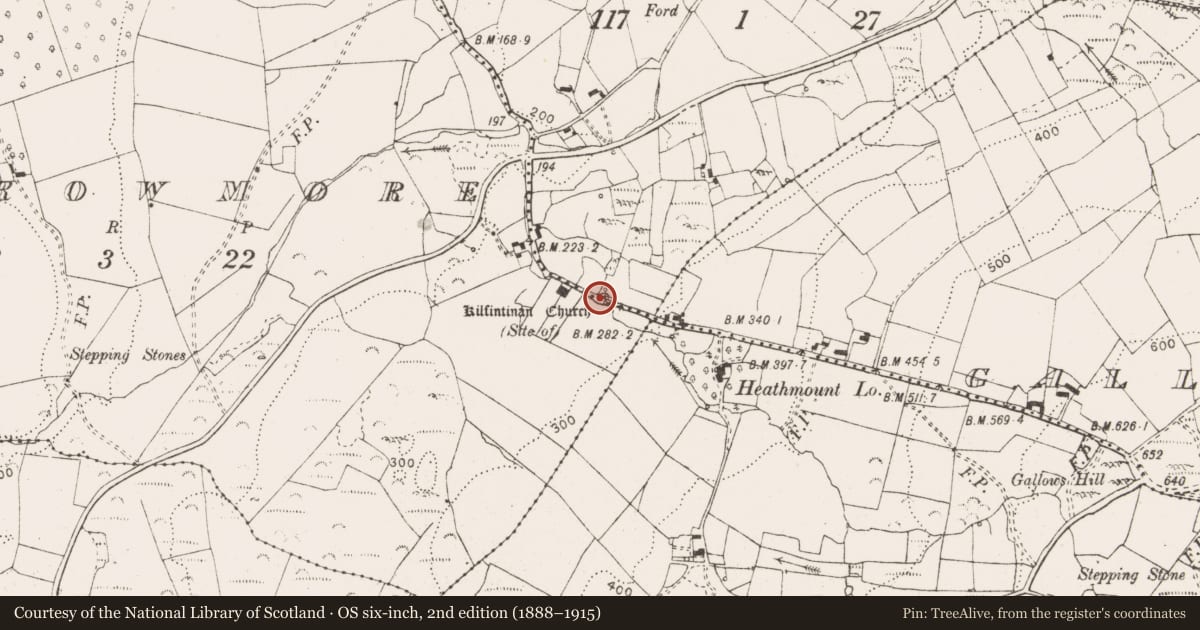 Ordnance Survey six-inch map, 2nd edition (1888–1915) covering the location of Graveyard, Ballybroughan, County Clare, with a pin at the register's coordinates