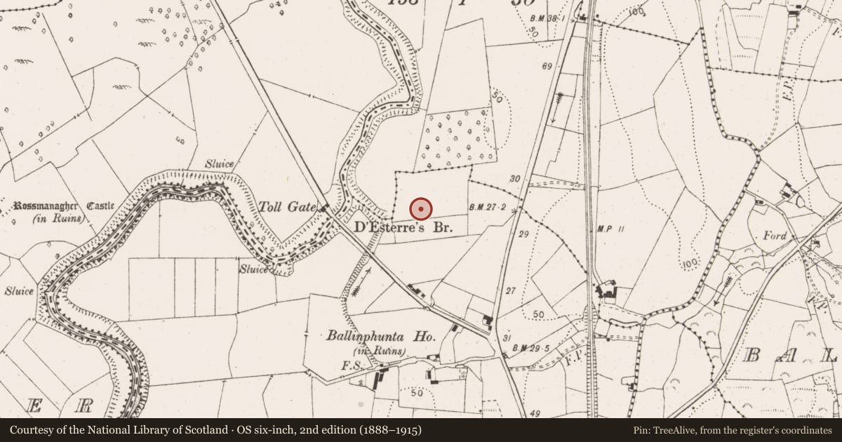 Ordnance Survey six-inch map, 2nd edition (1888–1915) covering the location of Enclosure, Ballinphunta, County Clare, with a pin at the register's coordinates
