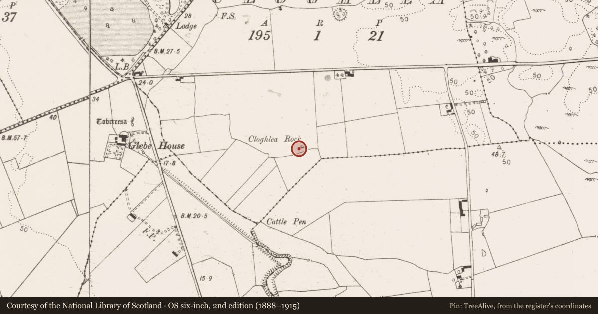 Ordnance Survey six-inch map, 2nd edition (1888–1915) covering the location of Standing stone, Cloghlea, County Clare, with a pin at the register's coordinates