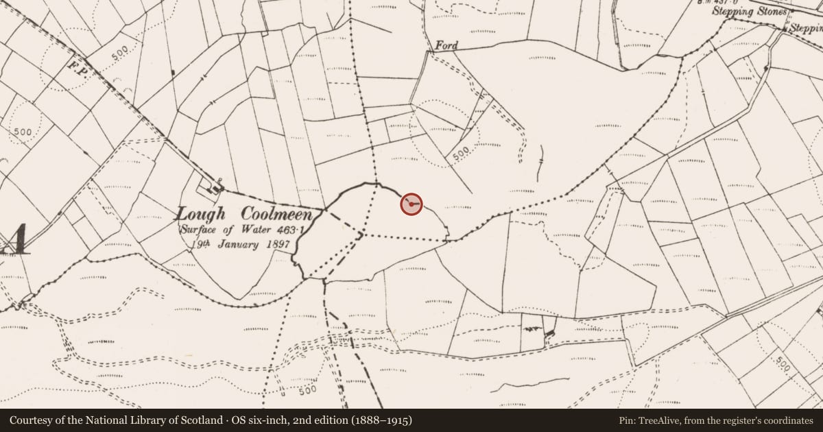 Ordnance Survey six-inch map, 2nd edition (1888–1915) covering the location of Fulacht fia, Oatfield, County Clare, with a pin at the register's coordinates