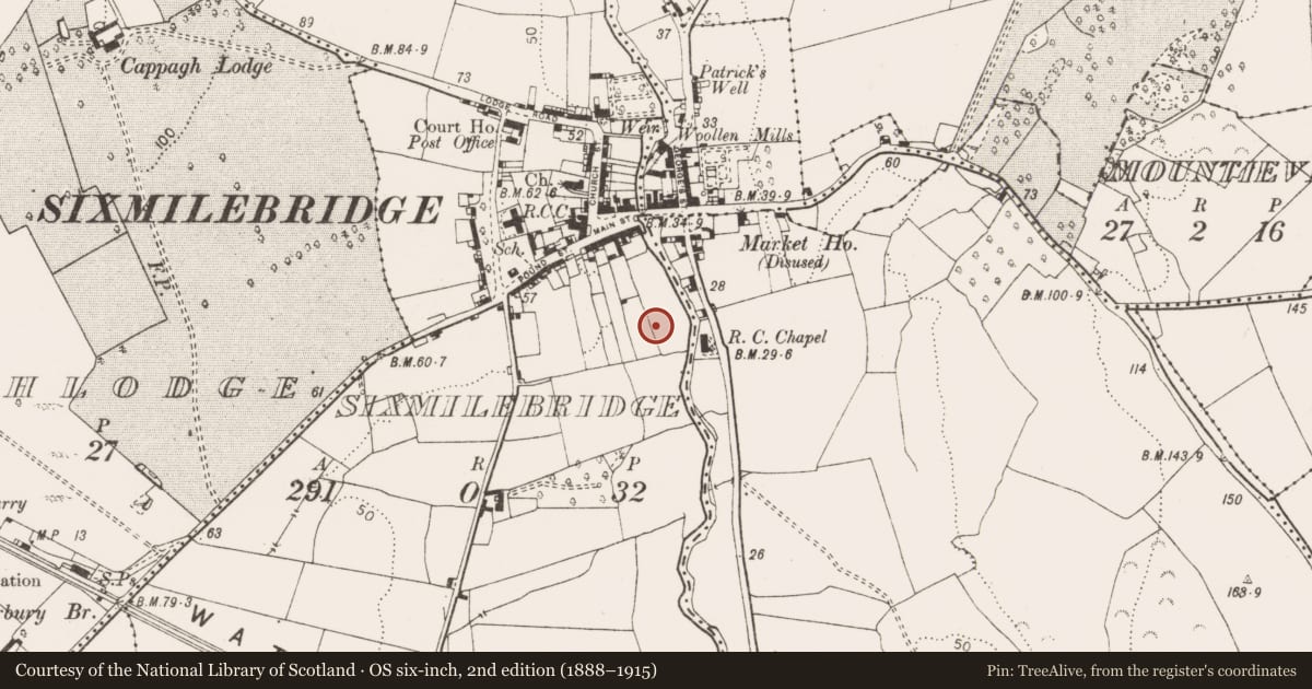 Ordnance Survey six-inch map, 2nd edition (1888–1915) covering the location of Burnt mound, Six-Mile-Bridge, County Clare, with a pin at the register's coordinates