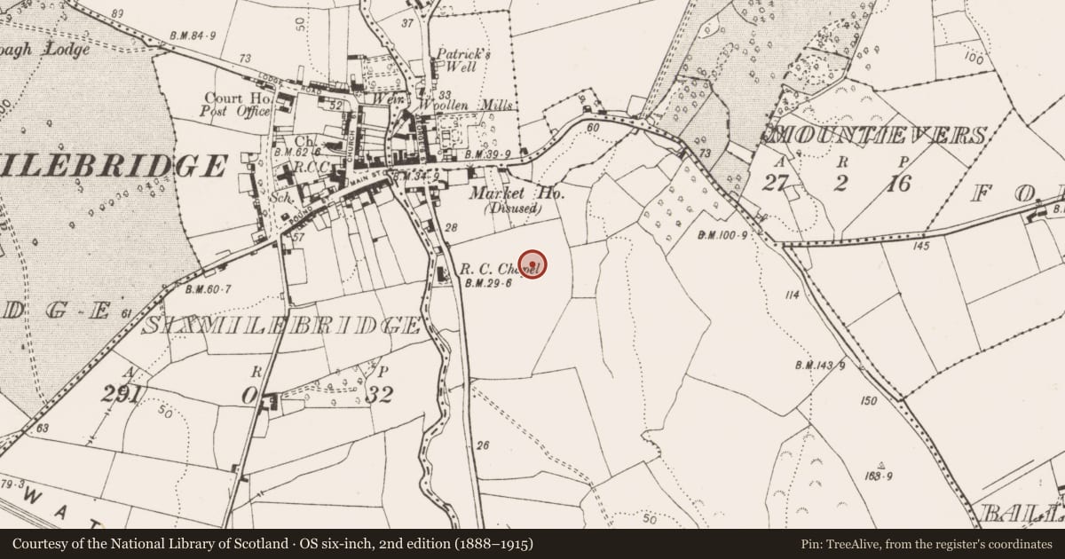 Ordnance Survey six-inch map, 2nd edition (1888–1915) covering the location of Burnt mound, Ballyliddan West, County Clare, with a pin at the register's coordinates
