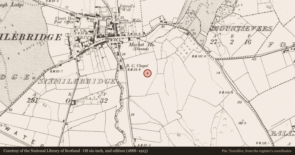 Ordnance Survey six-inch map, 2nd edition (1888–1915) covering the location of Burnt mound, Ballyliddan West, County Clare, with a pin at the register's coordinates