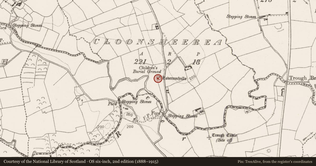 Ordnance Survey six-inch map, 2nd edition (1888–1915) covering the location of Ritual site - holy well, Cloonsheerea, County Clare, with a pin at the register's coordinates