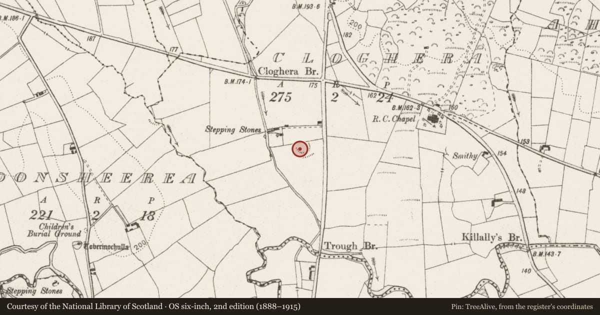 Ordnance Survey six-inch map, 2nd edition (1888–1915) covering the location of Enclosure, Cloghera, County Clare, with a pin at the register's coordinates