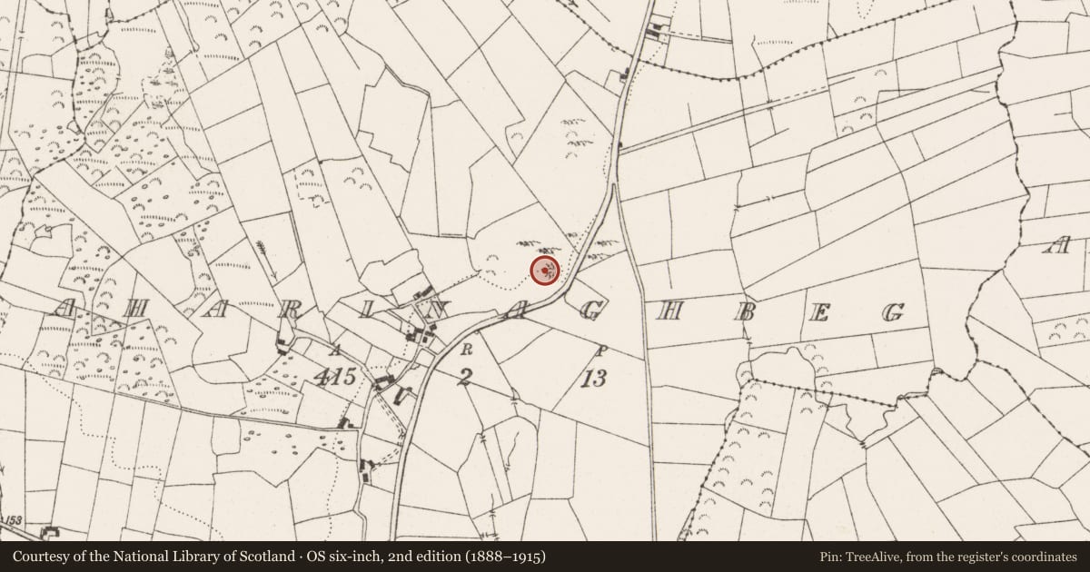 Ordnance Survey six-inch map, 2nd edition (1888–1915) covering the location of Enclosure, Aharinaghbeg, County Clare, with a pin at the register's coordinates