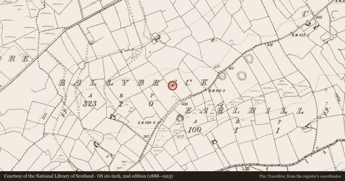 Ordnance Survey six-inch map, 2nd edition (1888–1915) covering the location of Fulacht fia, Ballybrack, County Clare, with a pin at the register's coordinates