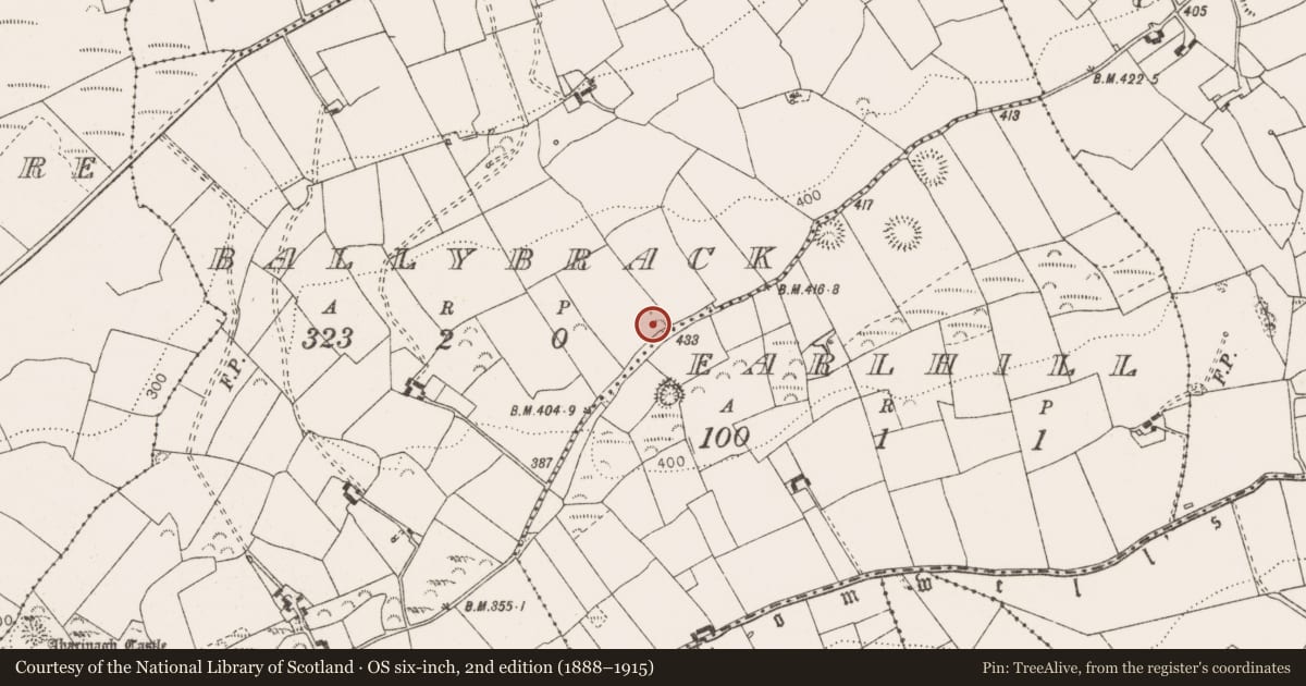 Ordnance Survey six-inch map, 2nd edition (1888–1915) covering the location of Fulacht fia, Ballybrack, County Clare, with a pin at the register's coordinates