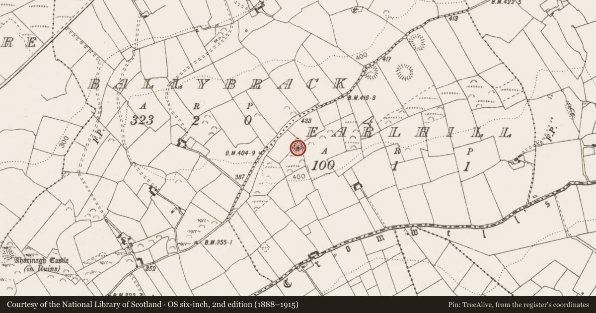 Ordnance Survey six-inch map, 2nd edition (1888–1915) covering the location of Ringfort - unclassified, Earlhill, County Clare, with a pin at the register's coordinates