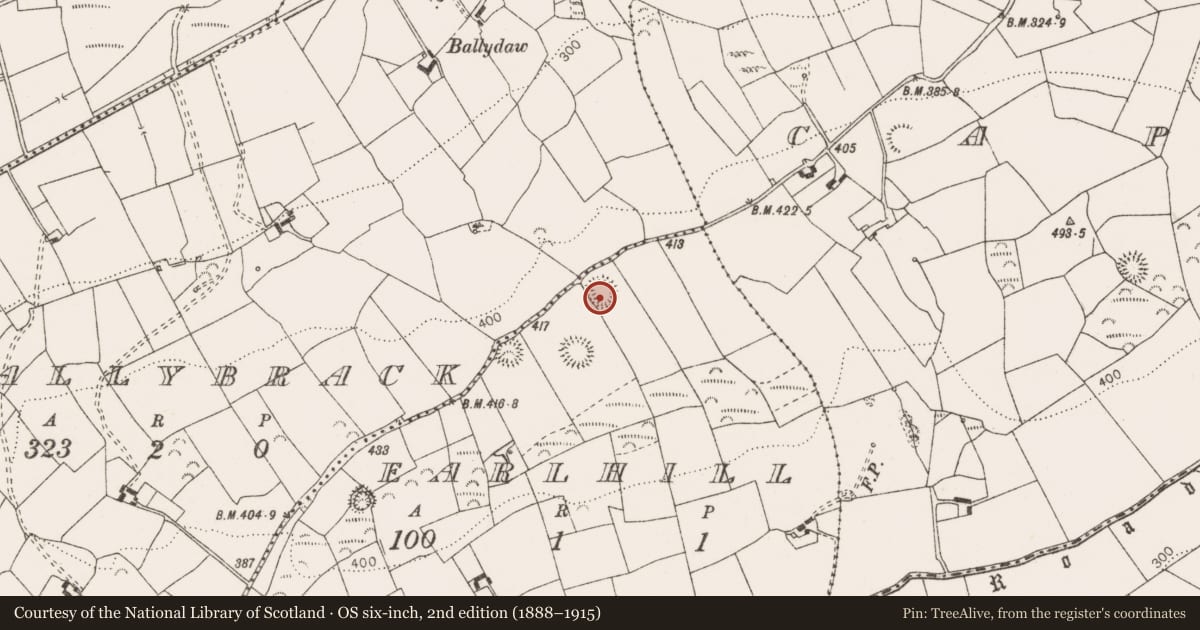 Ordnance Survey six-inch map, 2nd edition (1888–1915) covering the location of Enclosure, Earlhill, County Clare, with a pin at the register's coordinates